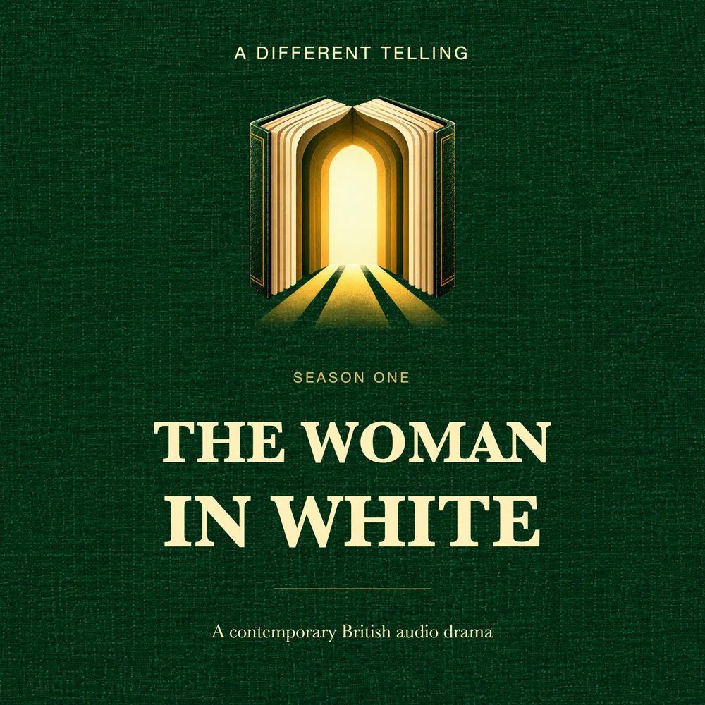 The Woman in White, season one of A Different Telling, with the golden book-door emblem on forest-green cloth.